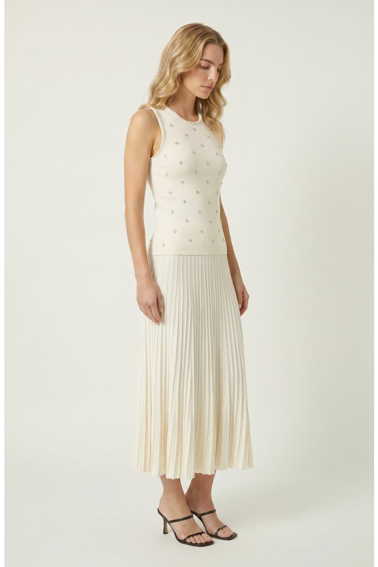 Pearl Embellished Pleated Midi Sleeveless Dress, Alternate, color, White