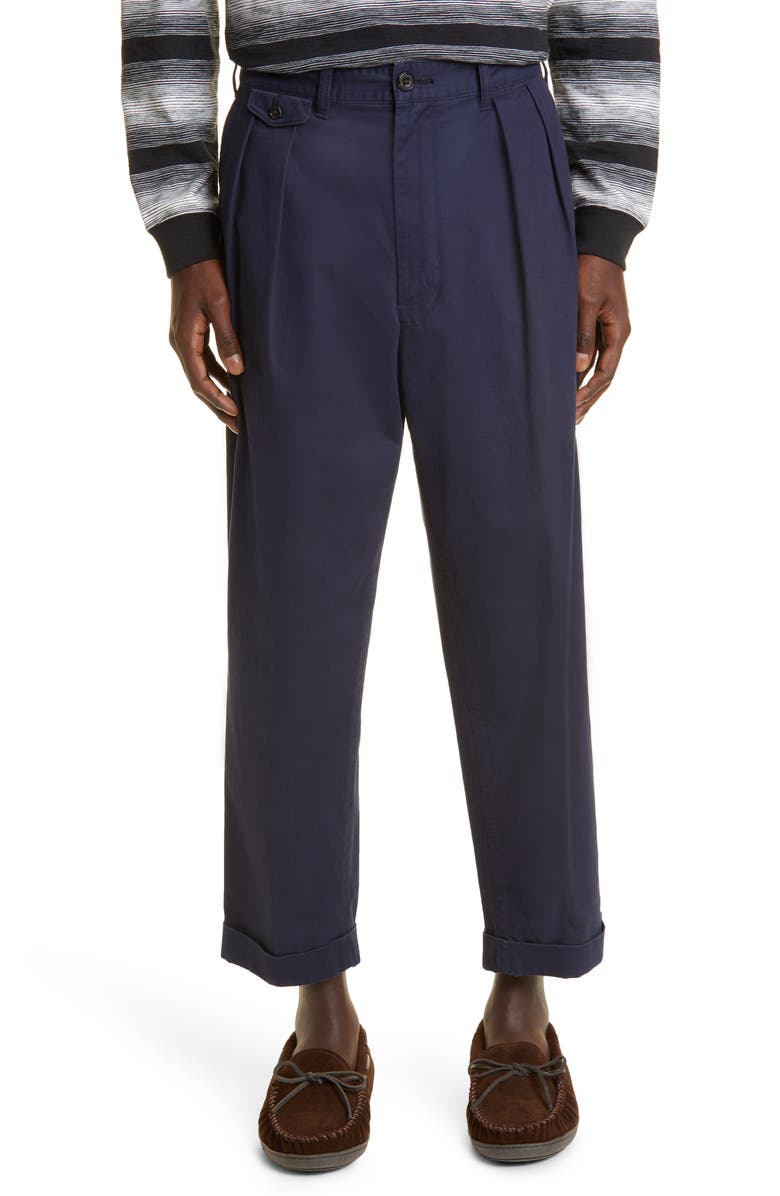 BEAMS Plus Pleated Twill Crop Pants, Main, color, Navy