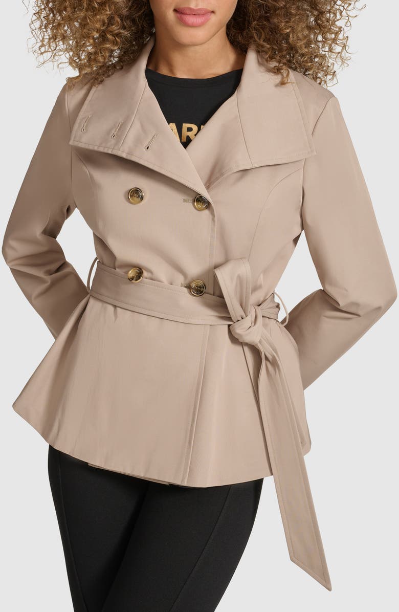 KARL LAGERFELD PARIS Double Breasted Peplum Trench Jacket, Main, color, Khaki