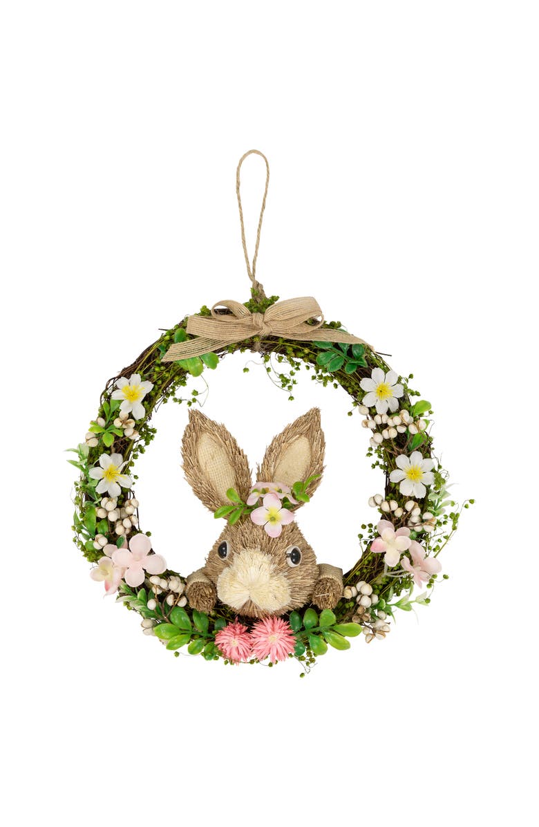 Northlight Spring Floral Easter Wreath with Peering Rabbit - 11" - Green and Pink, Main, color, Brown