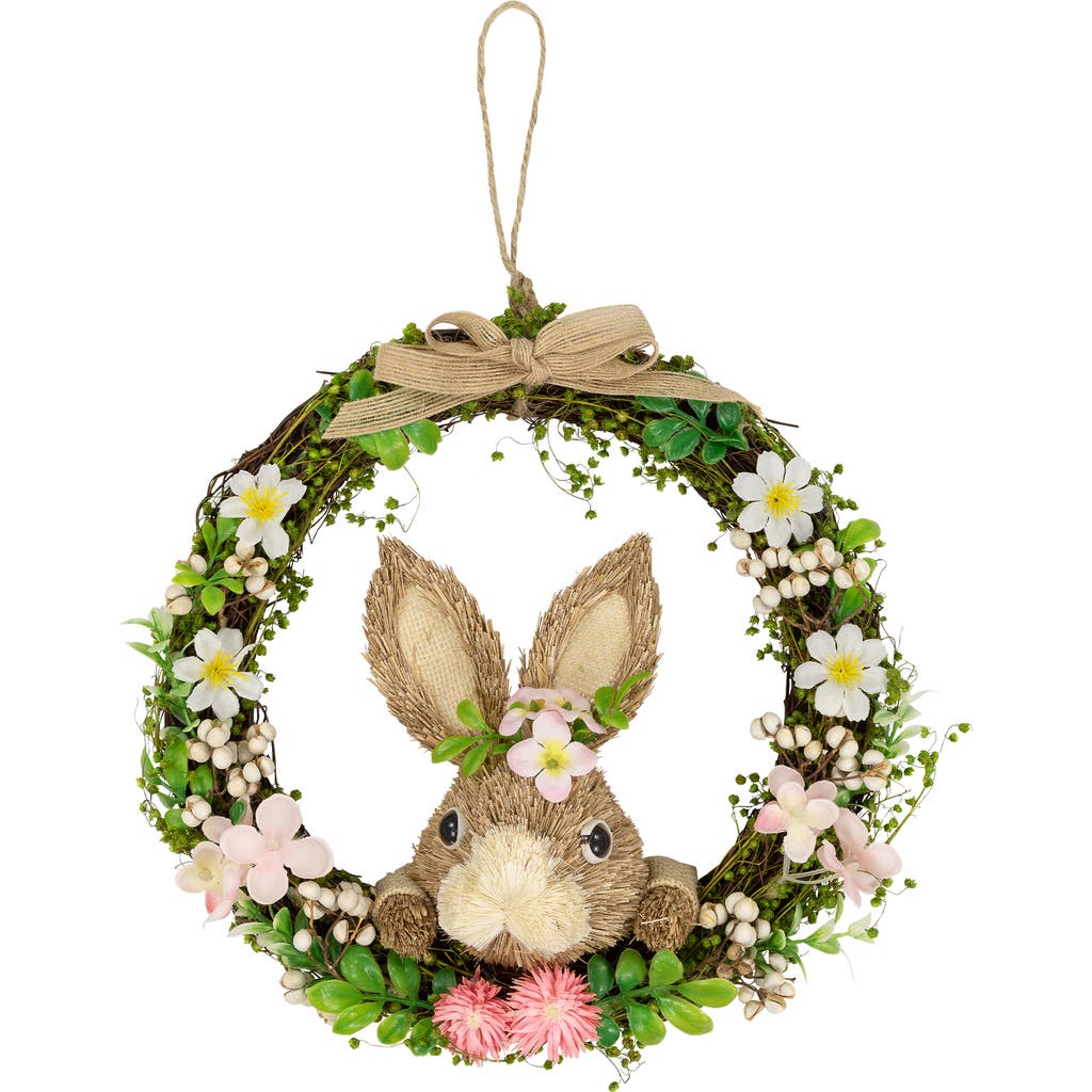 Northlight Spring Floral Easter Wreath With Peering Rabbit In Brown