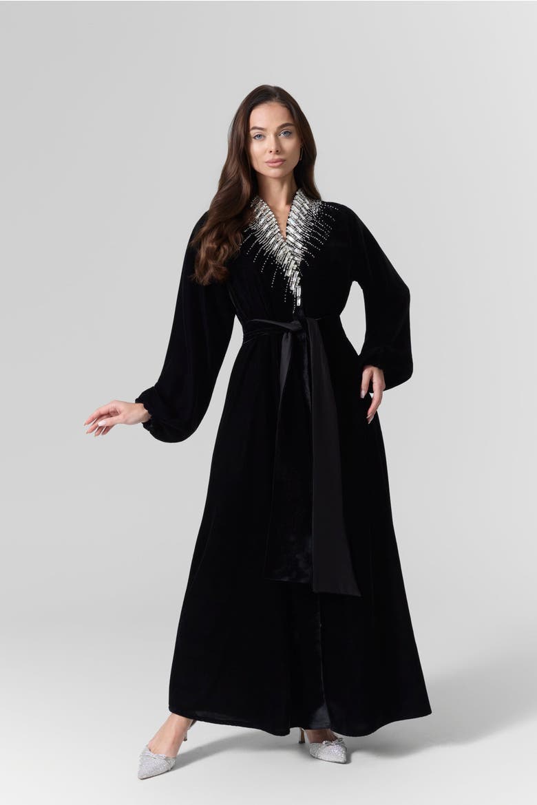 Luna Velvet Embellished Belted Dress, Alternate, color, Black