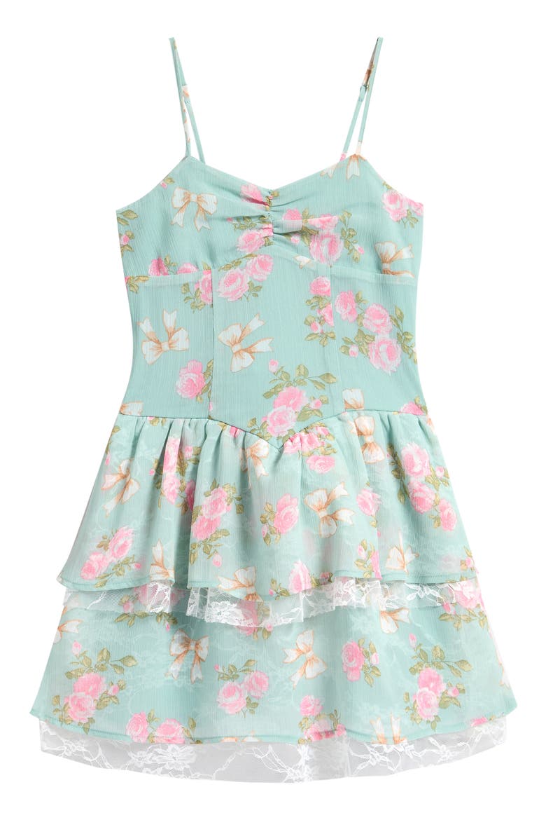 Kid's Floral Lace Trim Chiffon Tiered Dress, Main, color, MINT