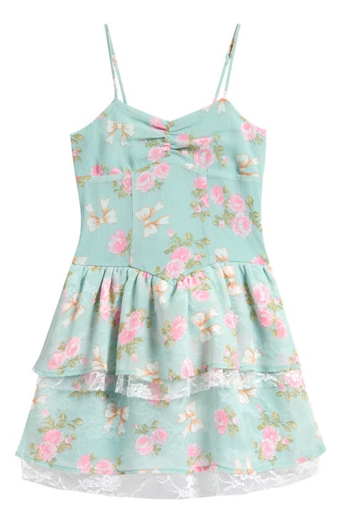 Kid's Floral Lace Trim Chiffon Tiered Dress (Big Kid)