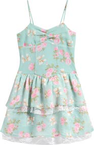 Ava & Yelly Kid's Floral Lace Trim Chiffon Tiered Dress