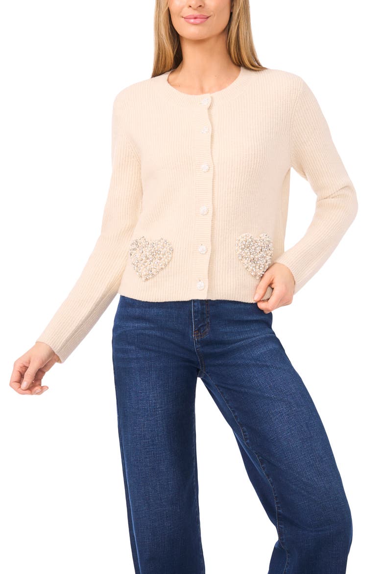 Rhinestone Heart Pocket Cardigan, Main, color, BIRCH
