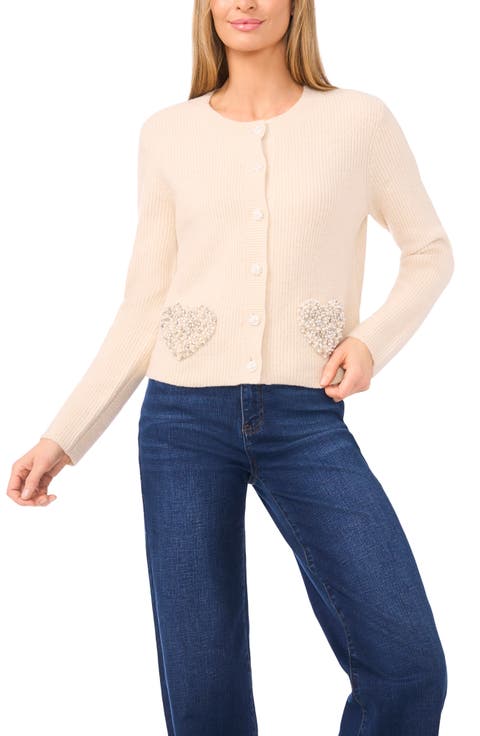 Rhinestone Heart Pocket Cardigan