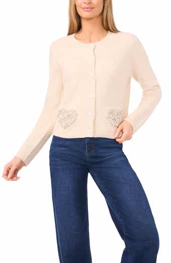 CeCe Rhinestone Heart Pocket Cardigan