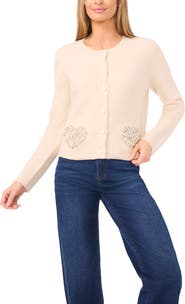 CeCe Rhinestone Heart Pocket Cardigan