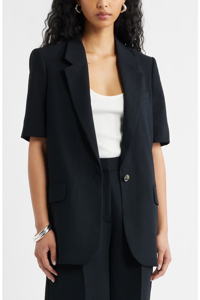 Curator Crepe Short Sleeve Blazer, Main, color, BLACK