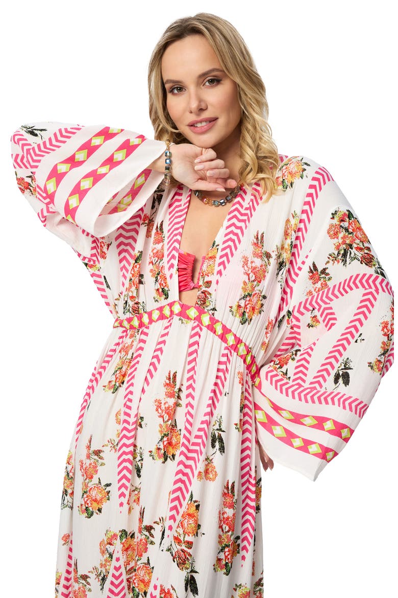 Floral Print Plunge Neck Cover-Up Kaftan, Alternate, color, WHITE COMBO