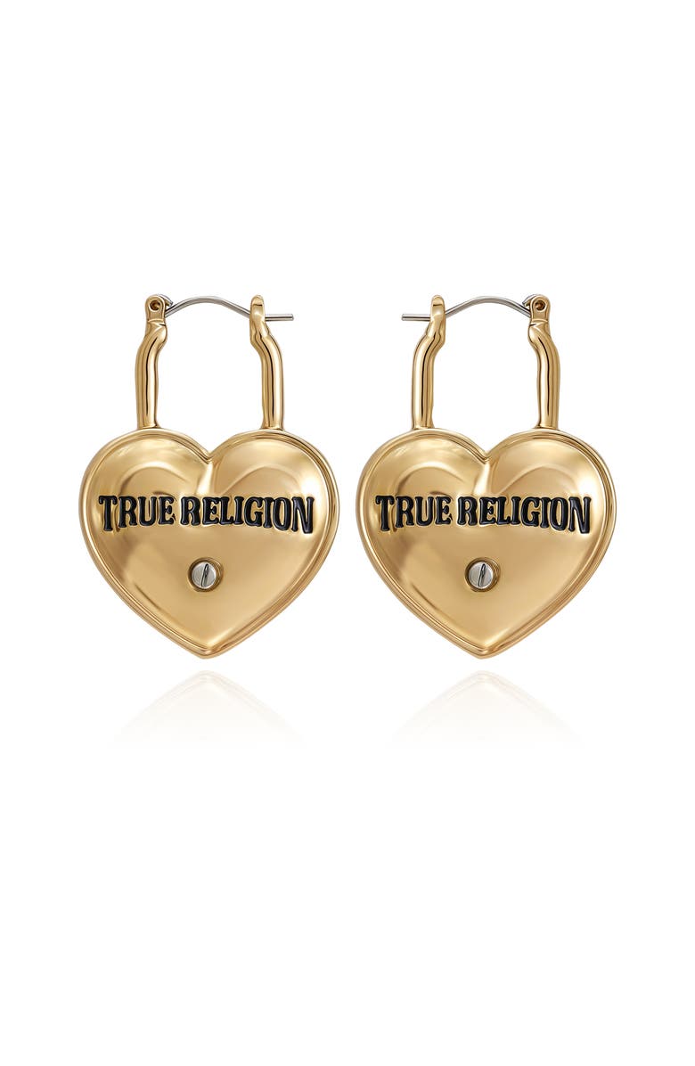 True Religion Heart Lock Hoop Earrings, Alternate, color, Gold Tone