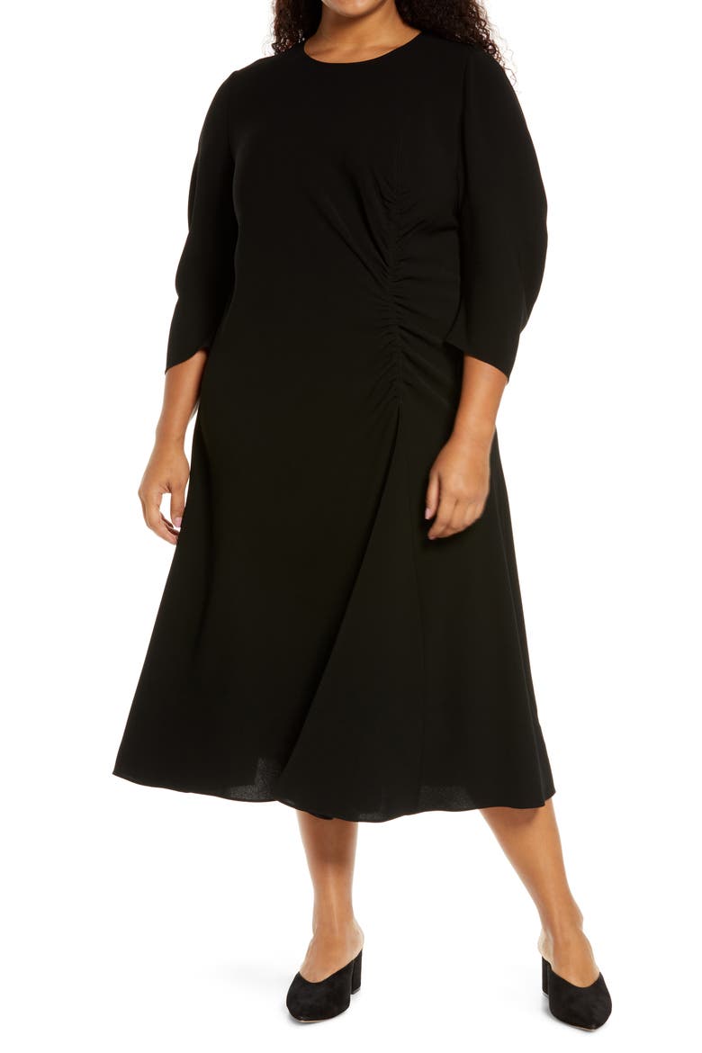 Collina Ruched Long Sleeve Midi Dress, Main, color, BLACK