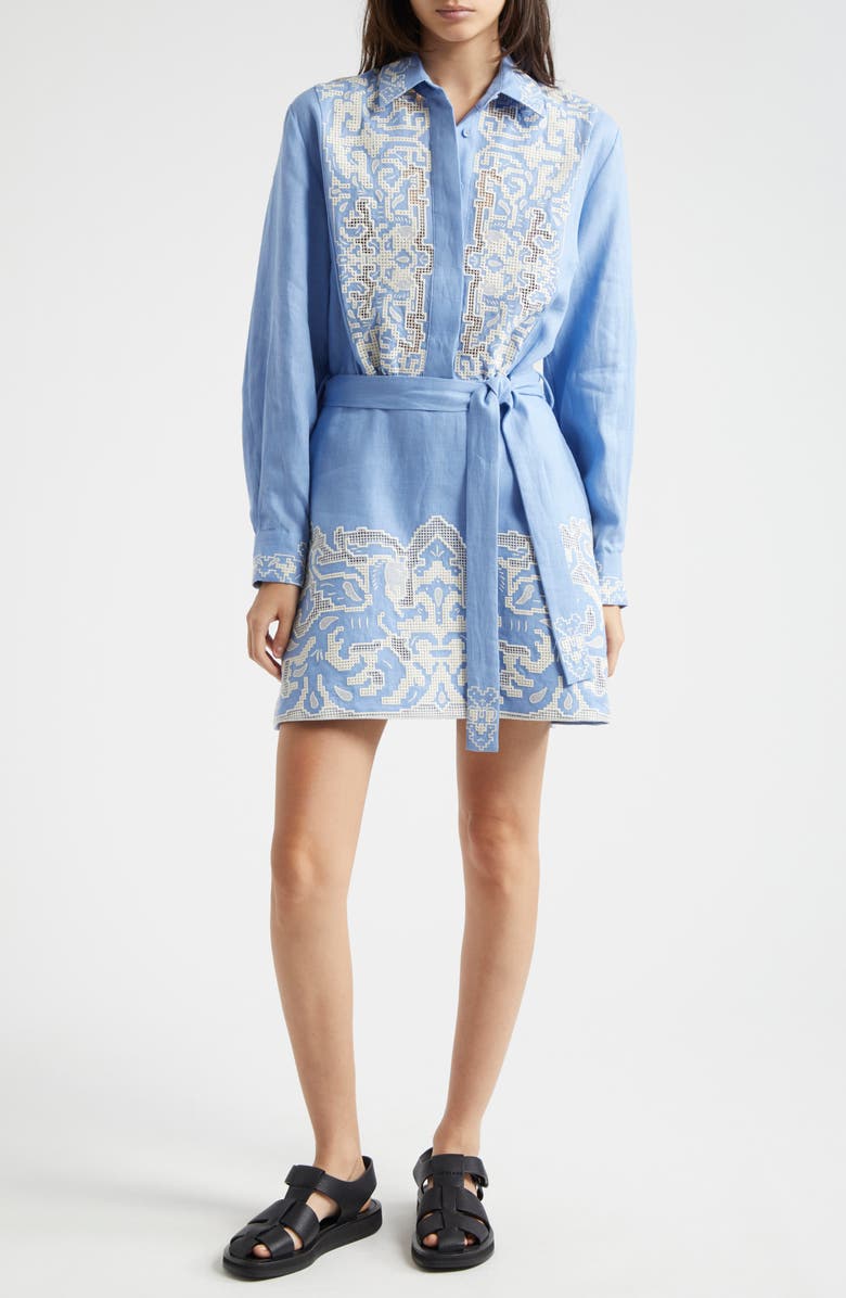 ALEMAIS Arion Embroidered Long Sleeve Linen Shirtdress, Main, color, Cornflower