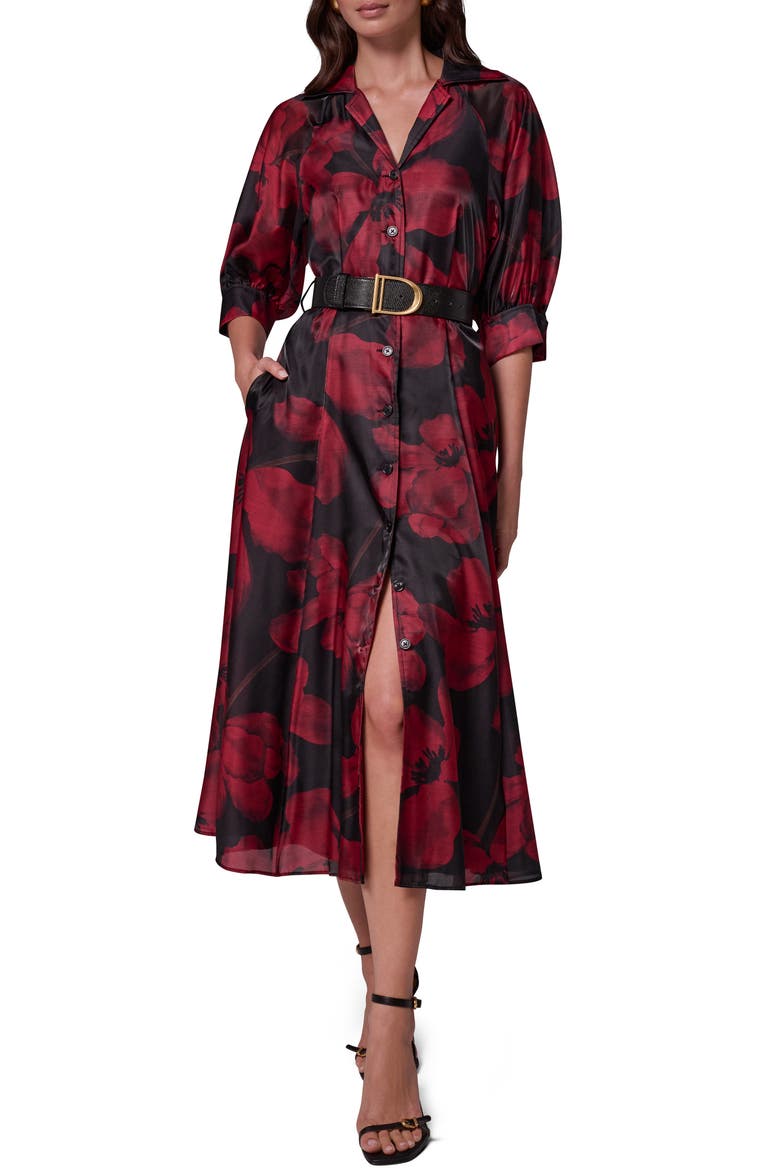 Floral Print Belted Shirtdress, Main, color, BLK/ RED VE