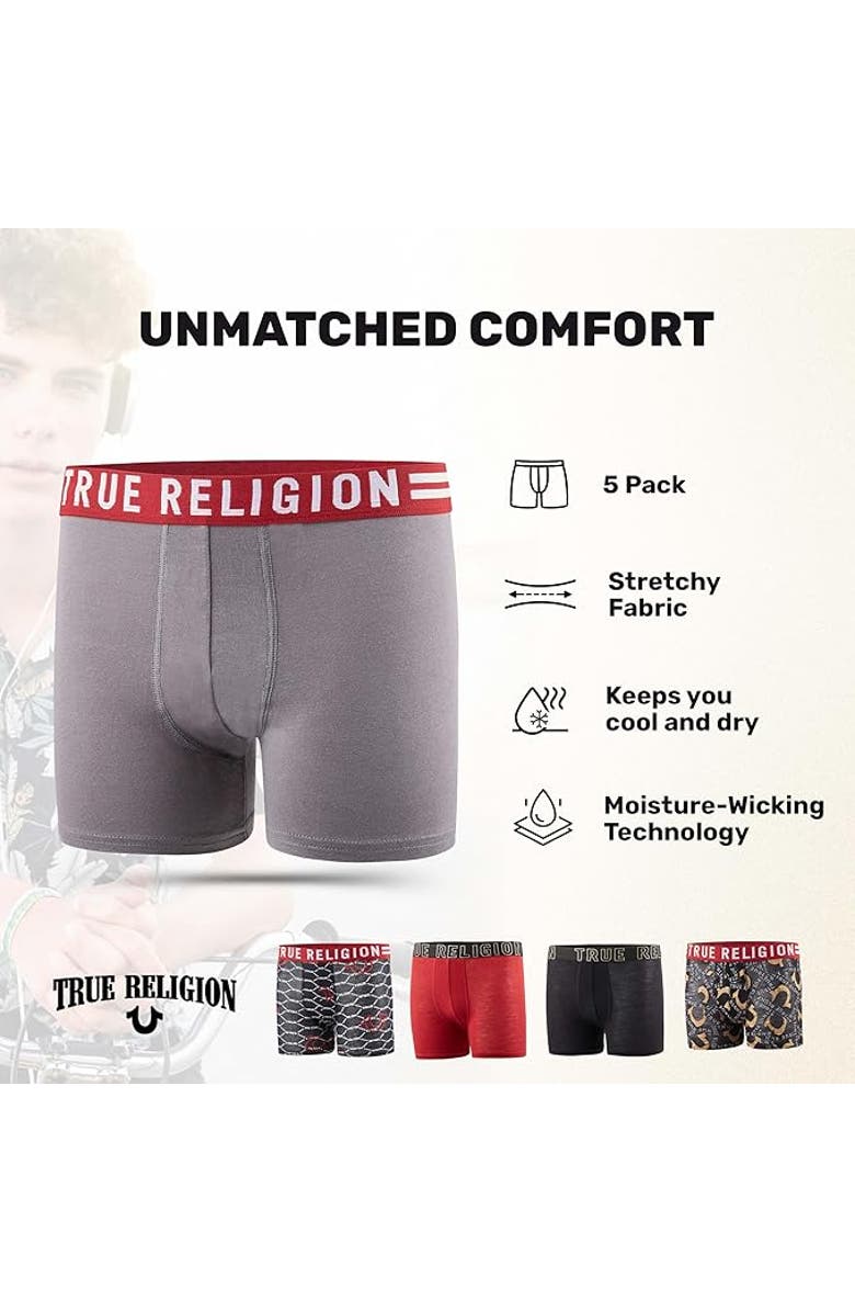 True Religion Boxer Briefs Pack of 5, Alternate, color, Red/Gold/Black/Grey