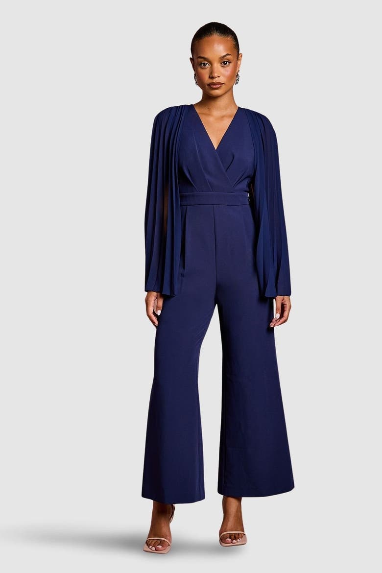 Petite V-Neck Pleated Jumpsuit, Main, color, Navy