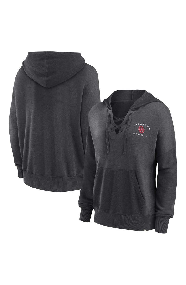 FANATICS Women's Fanatics Branded Heather Charcoal Oklahoma Sooners Campus Lace-Up Pullover Hoodie, Main, color, Heather Charcoal