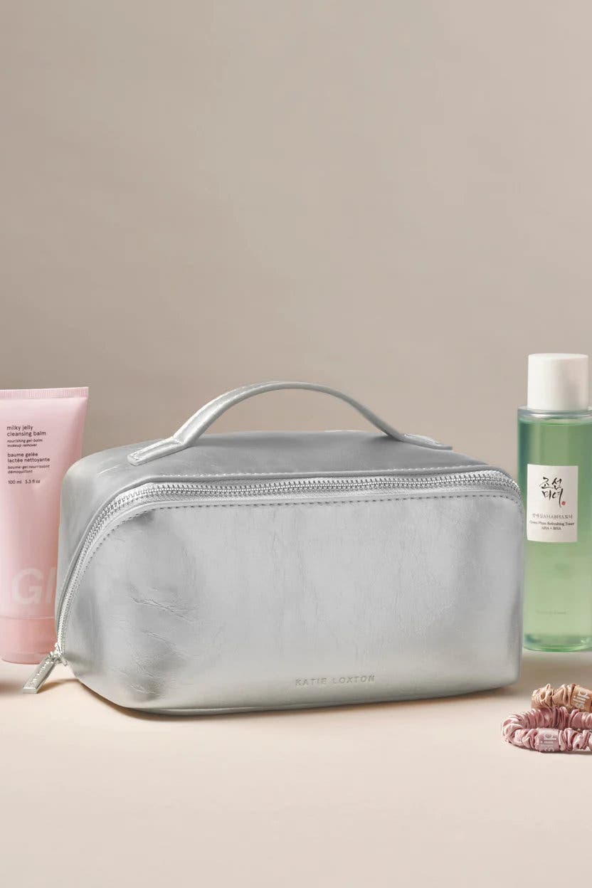 Medium Patent Crackle Makeup and Toiletry Bag in Silver, Alternate, color, Silver