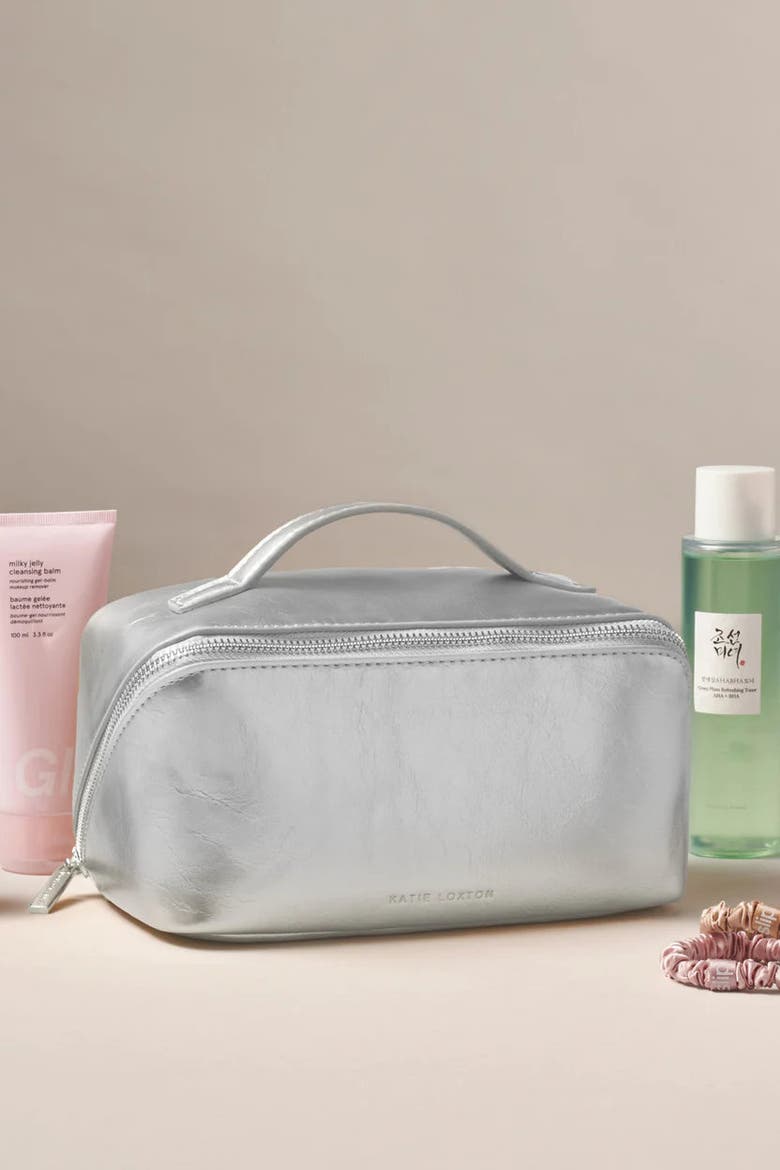Medium Patent Crackle Makeup and Toiletry Bag in Silver, Alternate, color, Silver