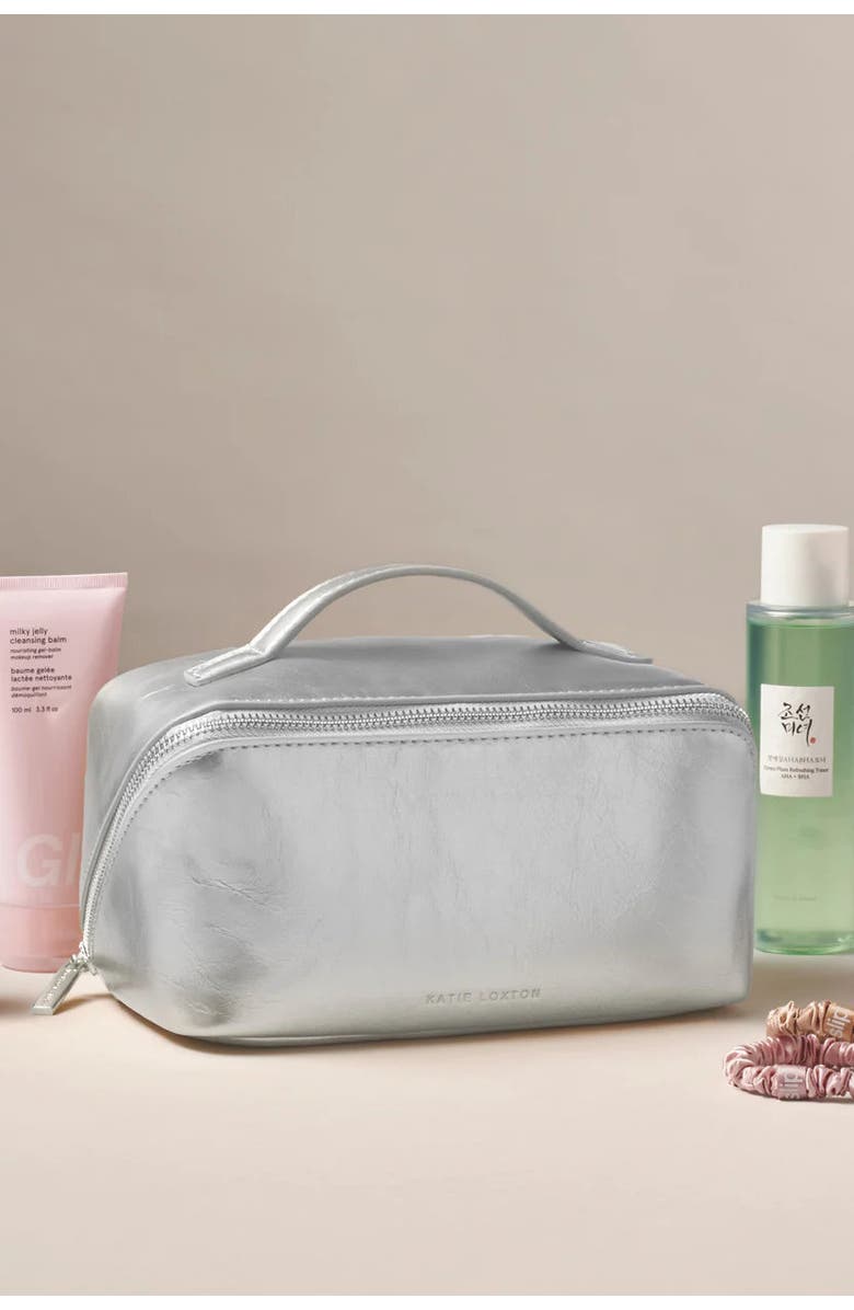 Katie Loxton Medium Patent Crackle Makeup and Toiletry Bag in Silver, Alternate, color, Silver