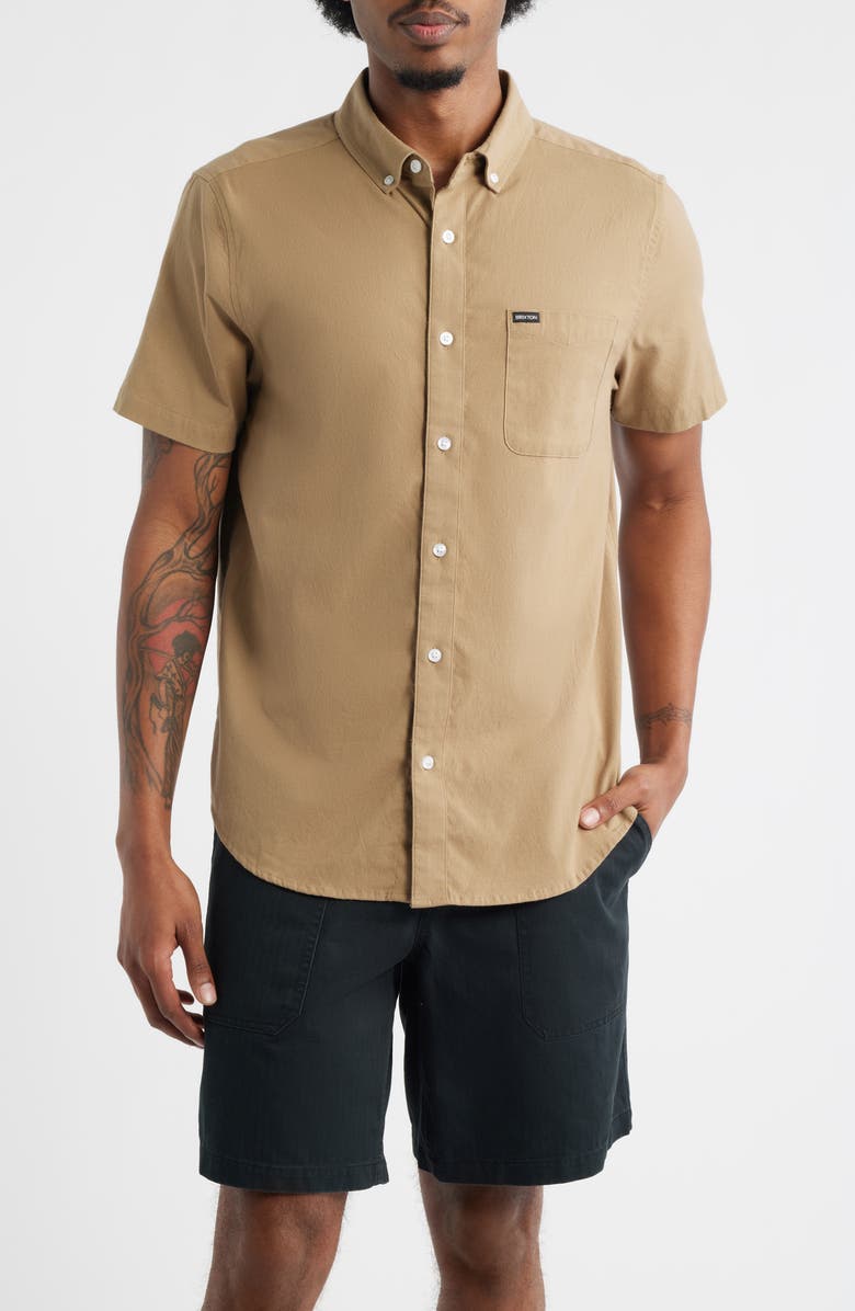 Brixton Sanford Short Sleeve Oxford Button-Down Shirt, Main, color, Khaki