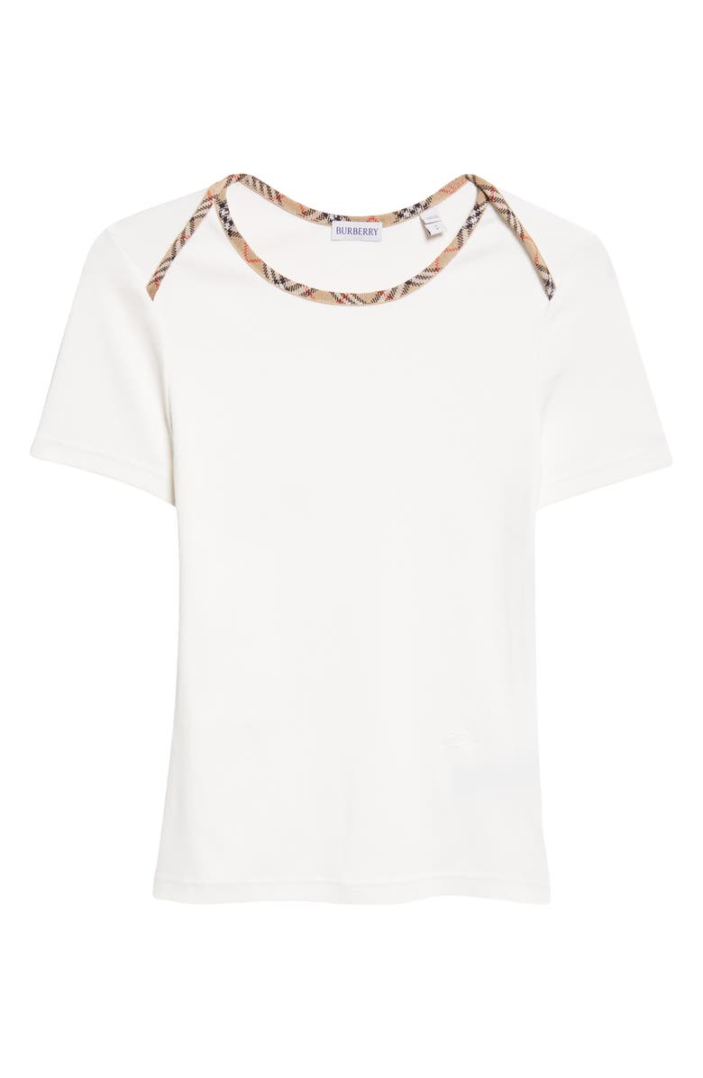 Burberry Stephanie Slim Fit Check Trim Stretch Cotton Rib T-Shirt, Main, color, Chalk