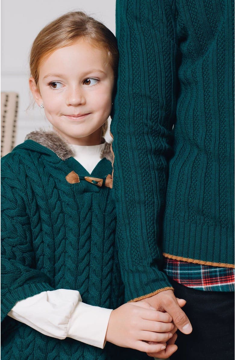 Hope & Henry Baby Girls' Sweater Cape with Faux Fur Hood, Infant, Alternate, color,