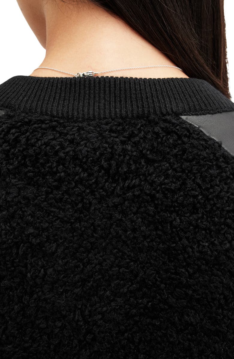 AllSaints Renata Leather Sleeve Wool Blend Bomber Cardigan, Alternate, color, Black