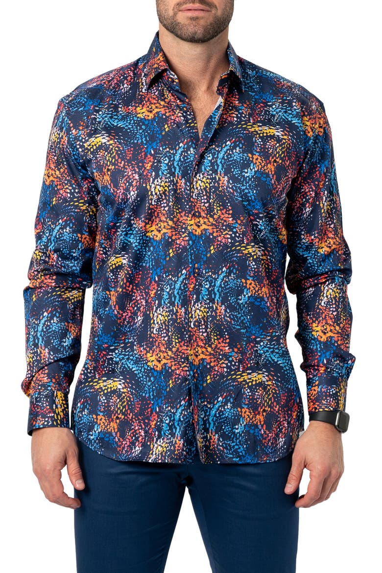 Fibonacci Paintsplash Regular Fit Print Button-Up Shirt, Main, color, BLUE