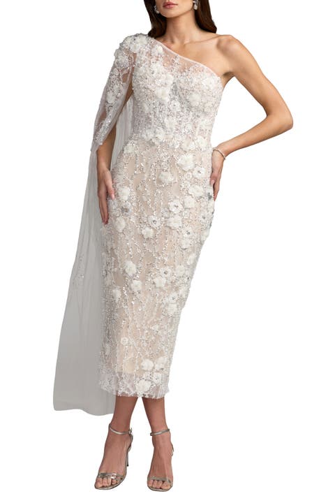 Floral Embellished One Shoulder Cape Gown