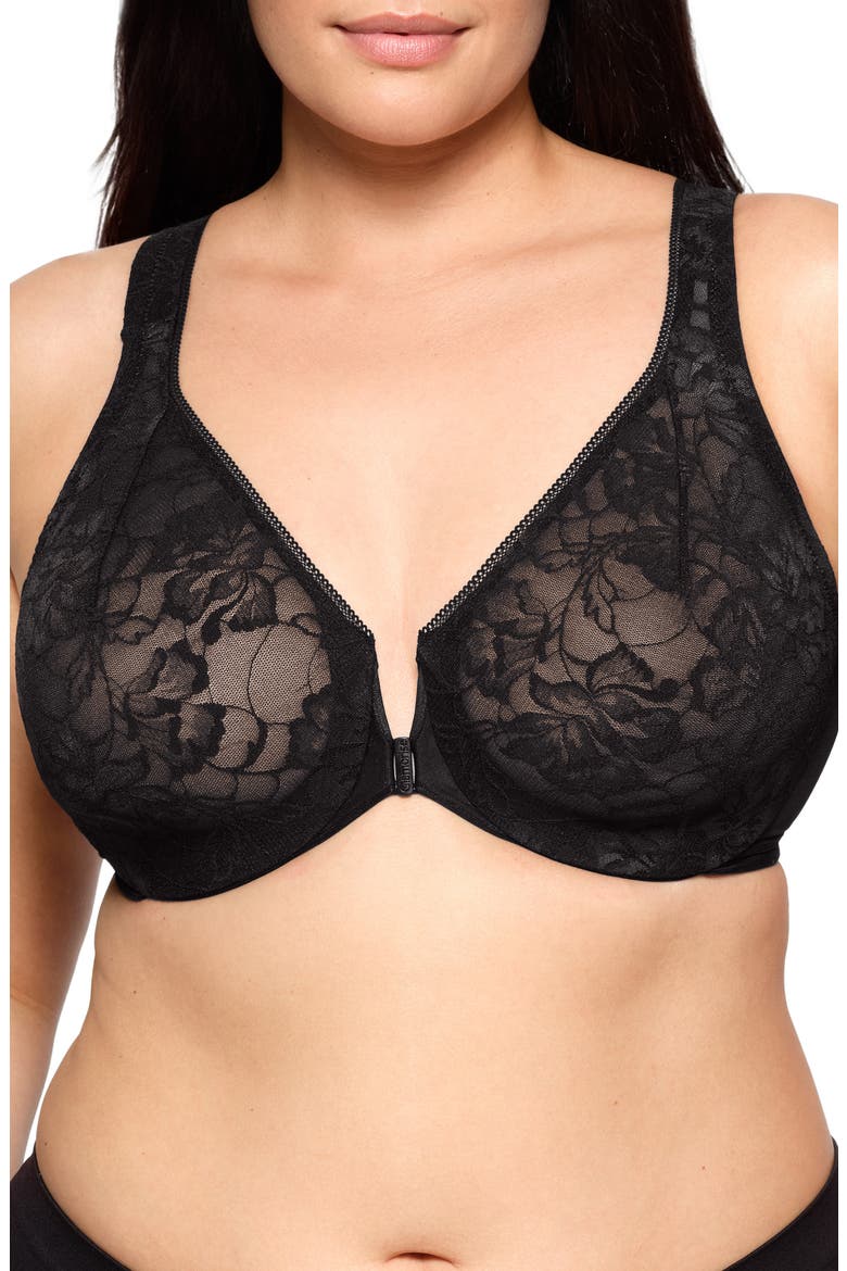 WonderWire® Front Close Lacy T-Back Underwire Bra, Main, color, SOLID BLACK