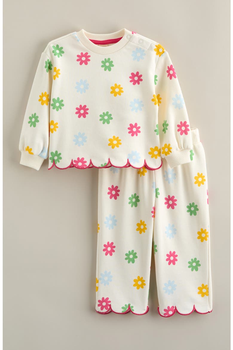 Scallop Hem Cotton Blend Top & Pants Set, Main, color, IVORY EGRET RAINBOW DAISY