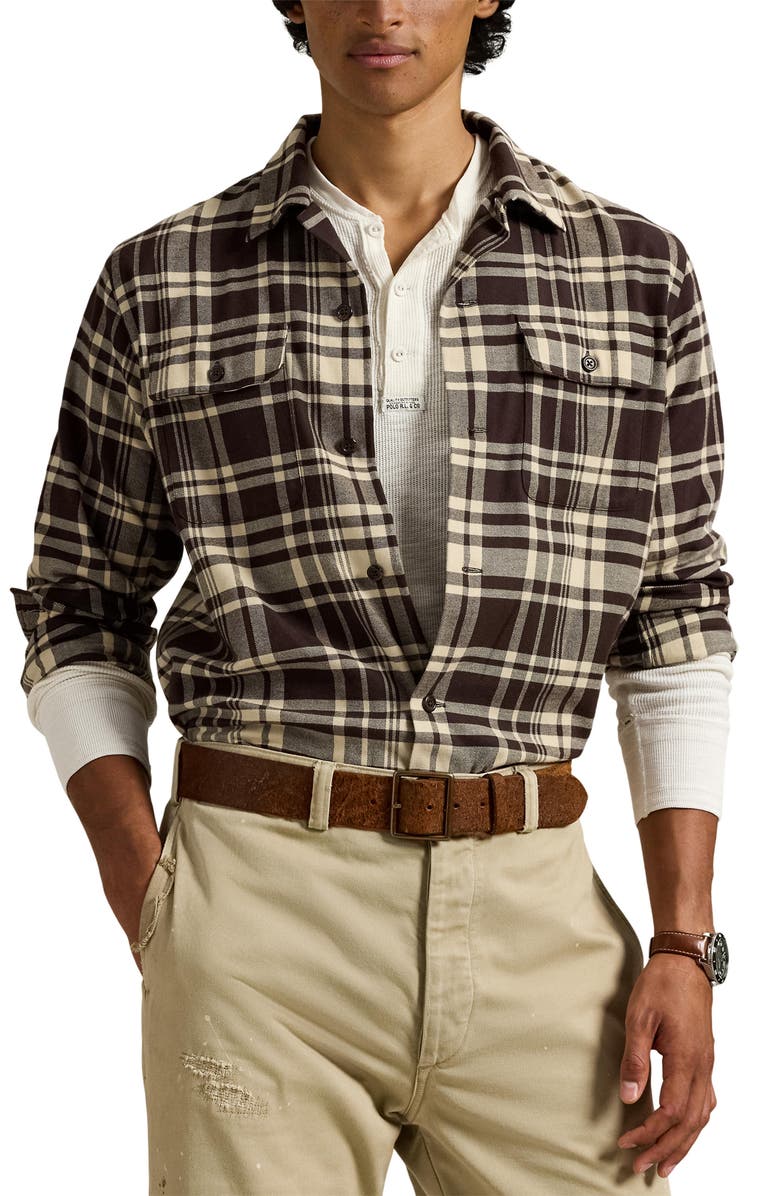 Polo Ralph Lauren Brushed Twill Long Sleeve Camp Shirt, Main, color, Nutmeg Brown Cream