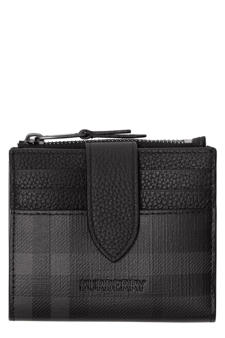 Check Zip Coated Canvas & Leather Bifold Wallet, Main, color, IRON