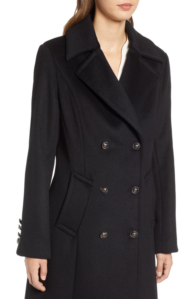 1 Madison Double Breasted Military Wool Coat with Genuine Fox Fur Shawl, Alternate, color,