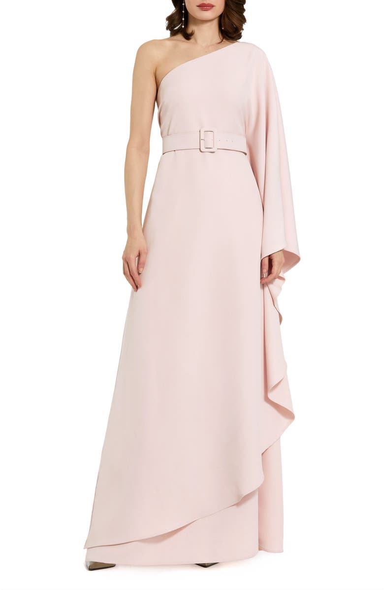 Mac Duggal Crepe One Sleeve Belted Kaftan Dress, Main, color, Blush