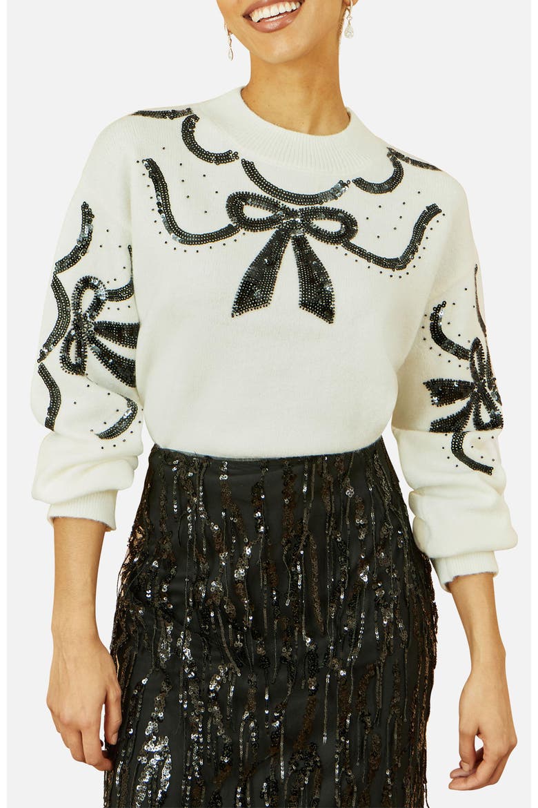 Sequinned Bow Neckline Sweater, Alternate, color, White