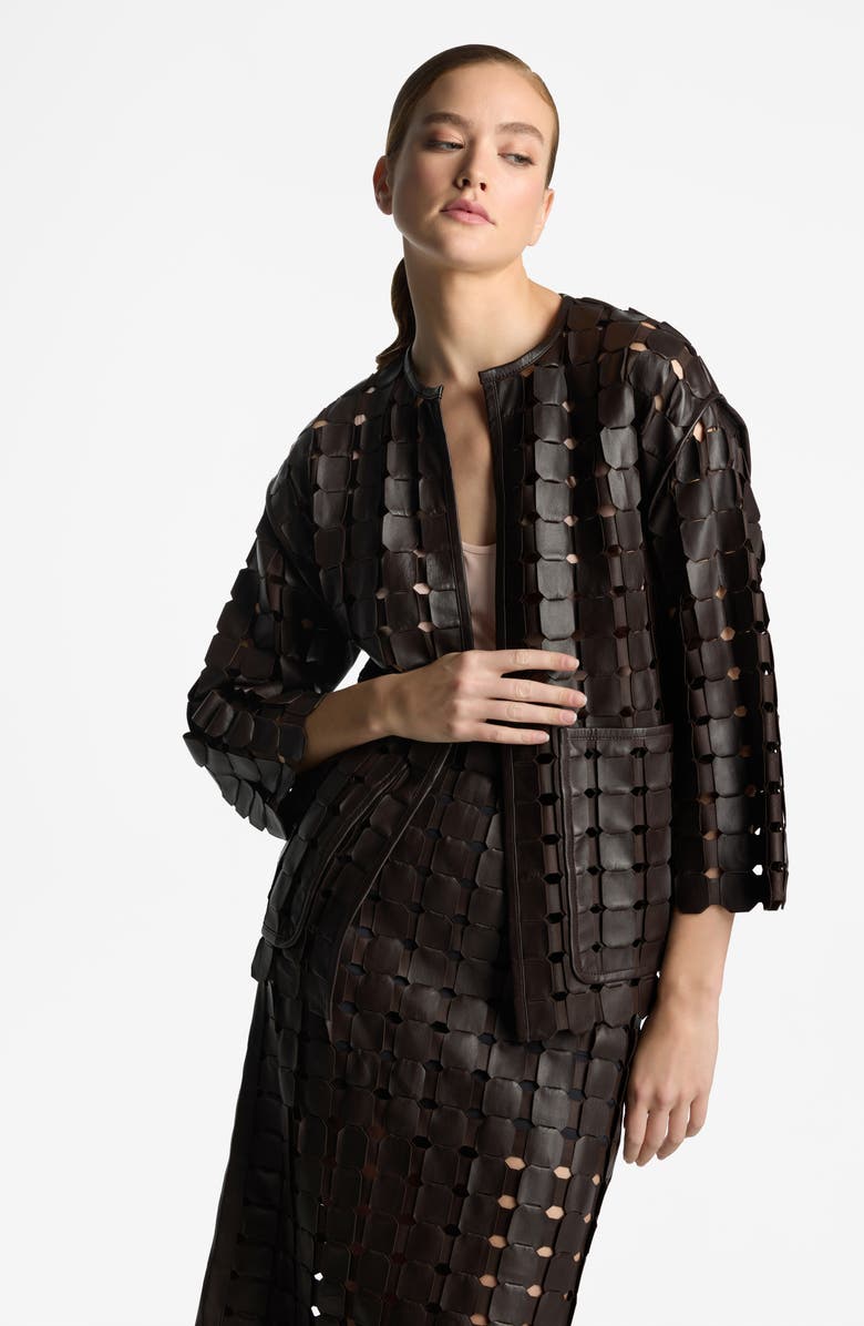 St. John Collection Geometric Woven Leather Skirt, Alternate, color, 