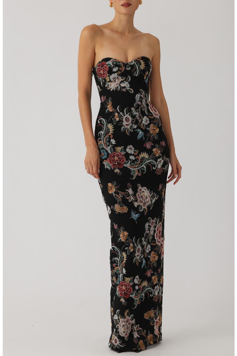 Maren Strapless Floral Jacquard Cotton Blend Column Gown, Main, color, BLACK MULTI