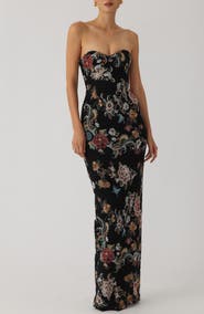 SAU LEE Maren Strapless Floral Jacquard Cotton Blend Column Gown