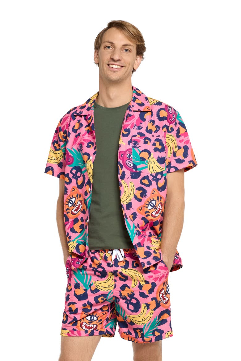 Leopard Spot Camp Shirt & Drawstring Shorts Set, Alternate, color, PINK