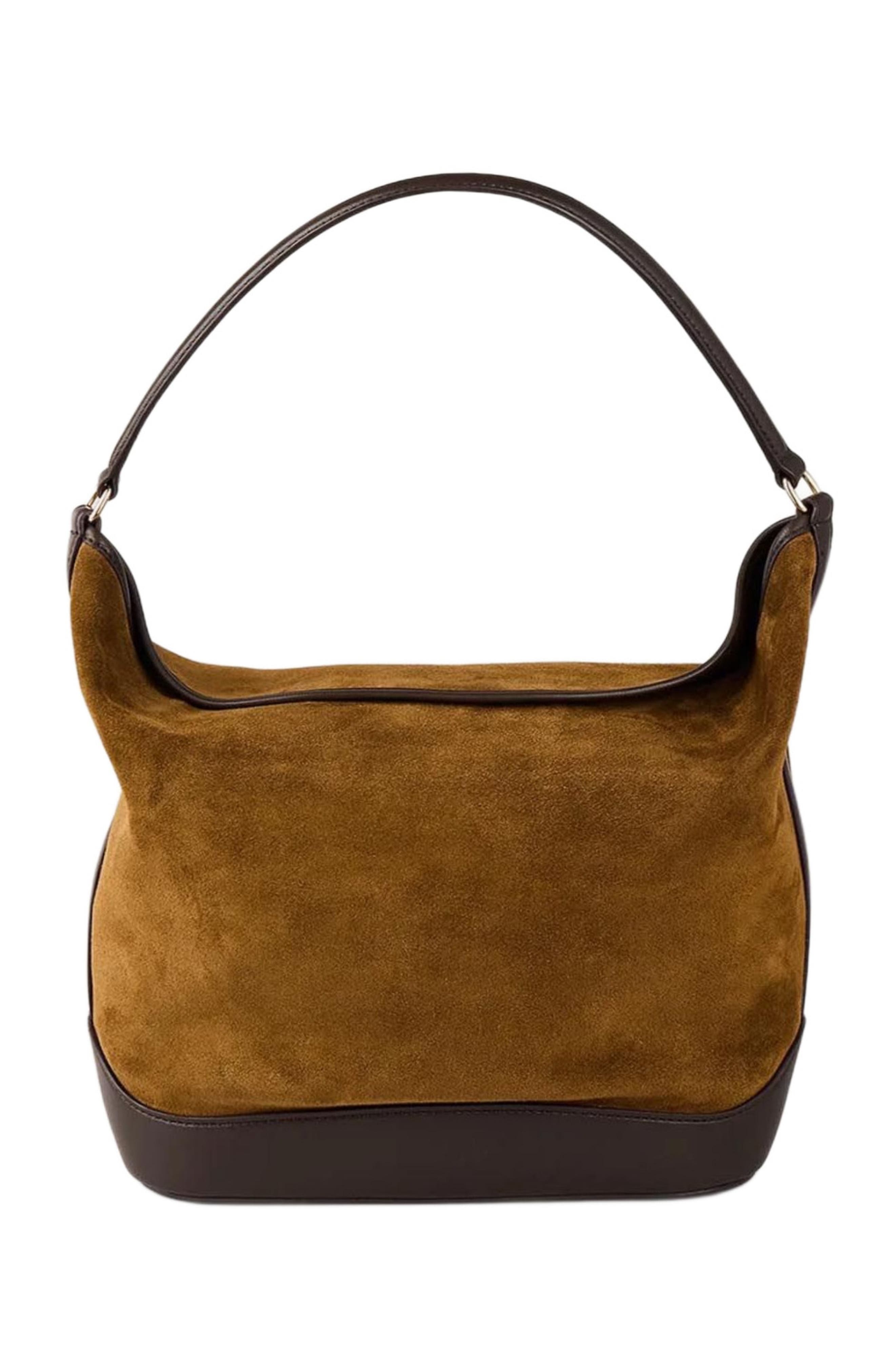 SANDRO Suede and leather bucket bag TANGOSO, Alternate, color, Camel