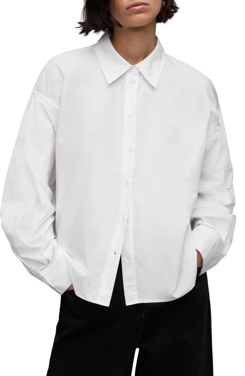 AllSaints Eliana Cutout Cotton Poplin Button-Up Shirt, Main, color, 