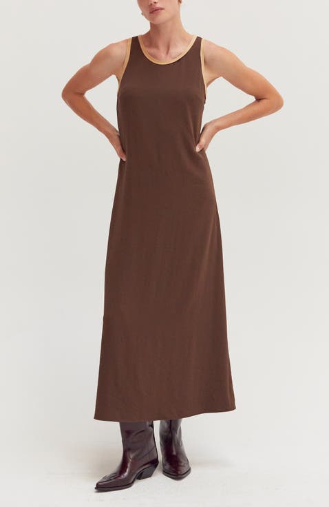 Suede Trim Chiffon Maxi Dress
