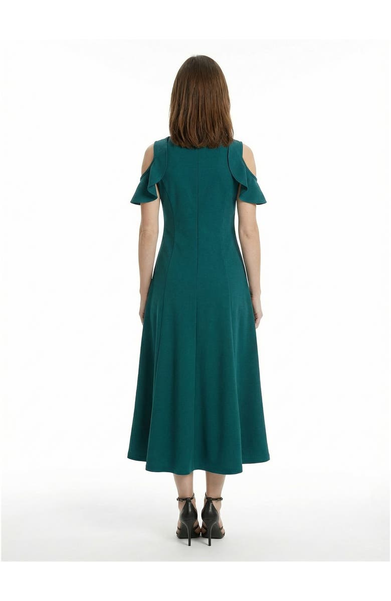 24seven Comfort Apparel Elevate Petite Ruffle Sleeve Cold Shoulder A-Line Soft Flare Maxi Dress, Alternate, color, Hunter