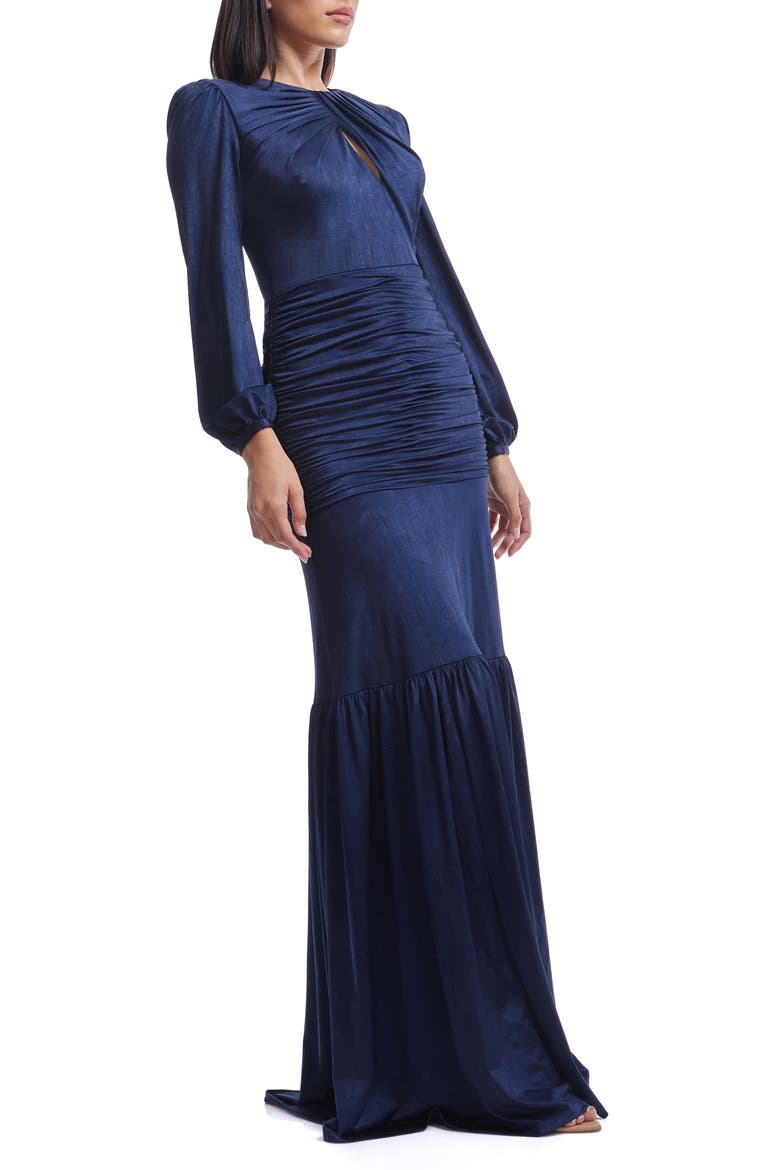Lucille Pleated Ruched Long Sleeve Gown, Alternate, color, MIDNIGHT BLUE