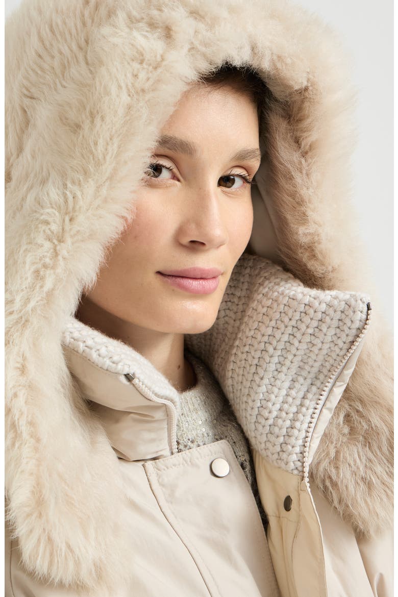 Techno cotton water-resistant taffeta down parka with detachable shearling hood and shiny zipper pull, Alternate, color, Cool Beige