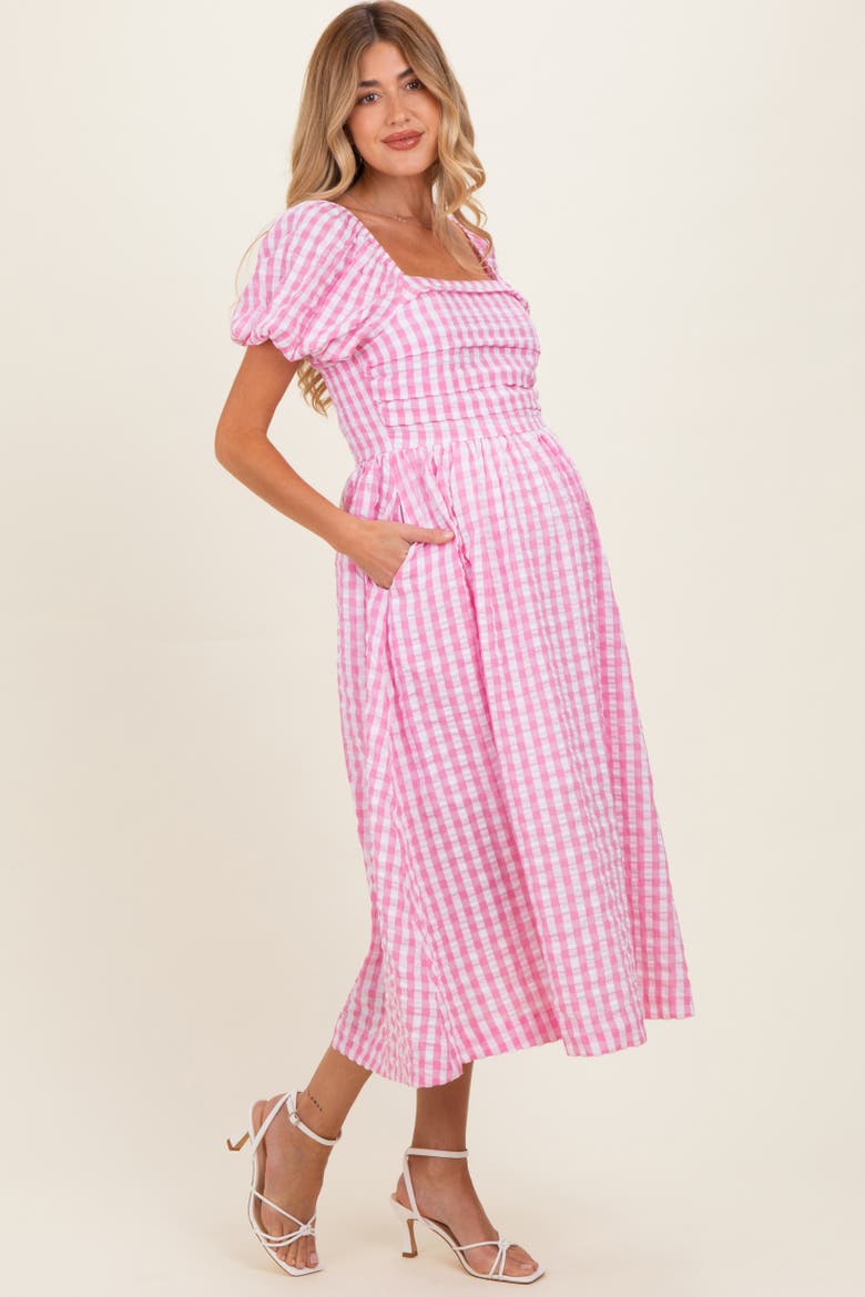 Gingham Puff Sleeve Midi Dress, Alternate, color, Pink