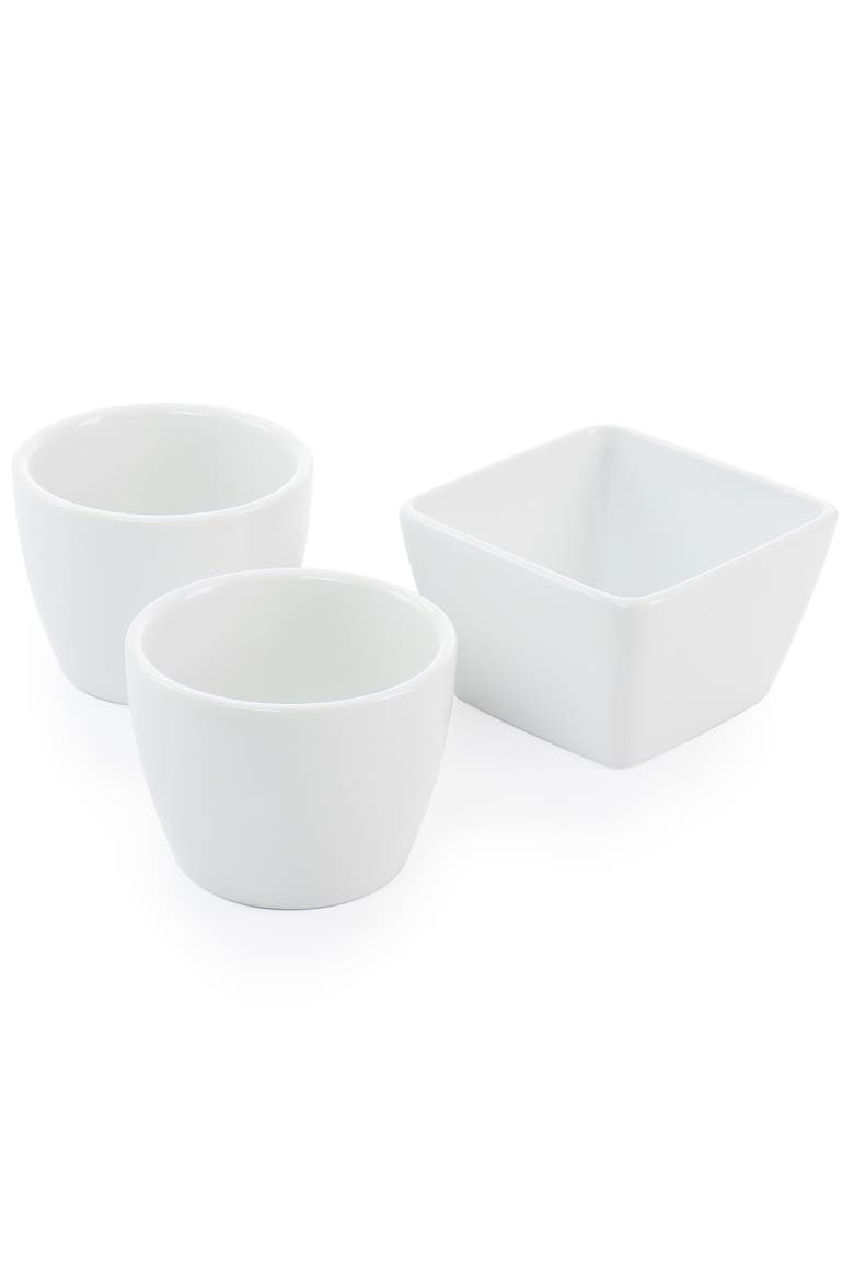 Gracious Dining 4 Piece Fine Ceramic Tidbit Dish Set with Acacia Wood Base, Alternate, color, White